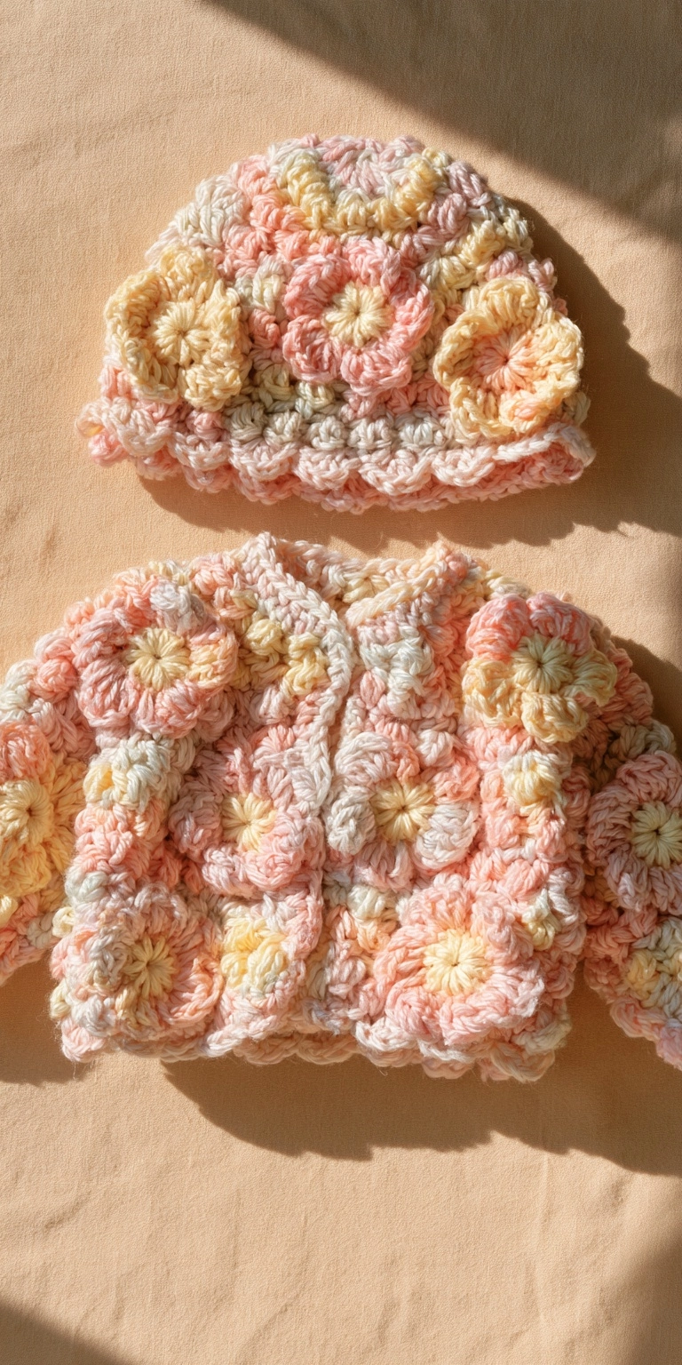 Baby Mütze und Jacke mit Blumen