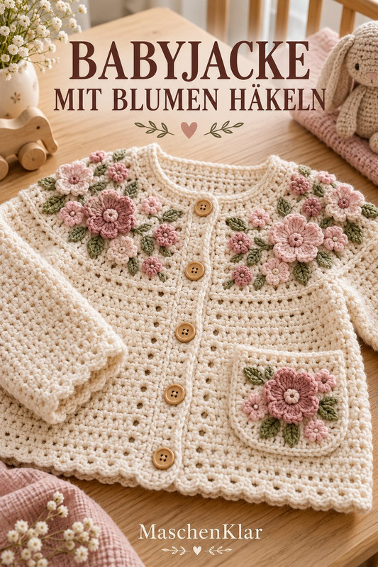 Babyjacke mit Blumen häkeln