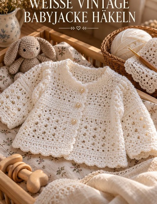 Weiße Vintage Babyjacke häkeln