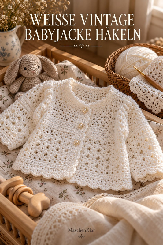 Weiße Vintage Babyjacke häkeln