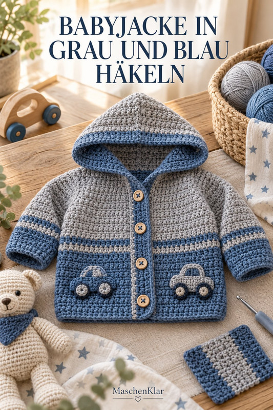 Babyjacke in Grau und Blau häkeln