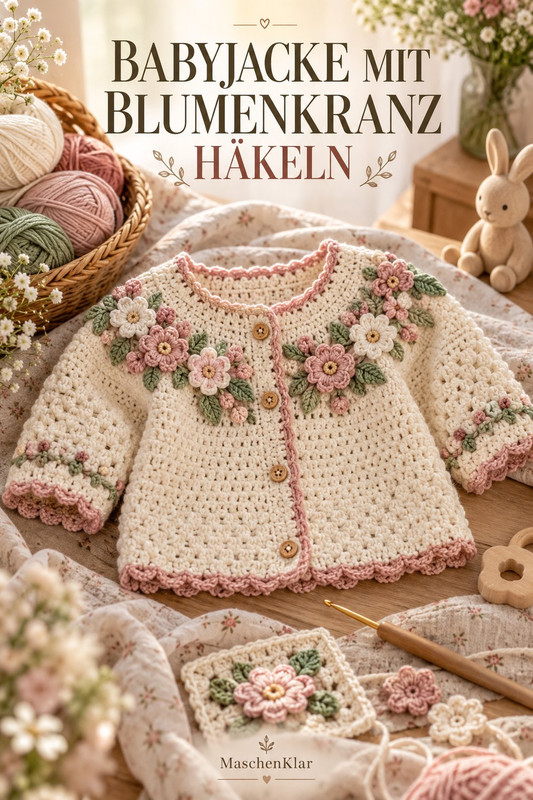 Babyjacke mit Blumenkranz häkeln