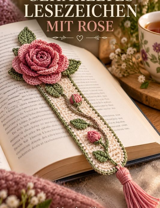 Gehäkeltes Lesezeichen mit Rose