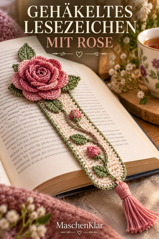 Gehäkeltes Lesezeichen mit Rose