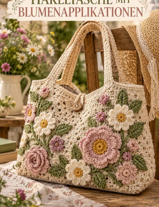 Häkeltasche mit Blumenapplikationen