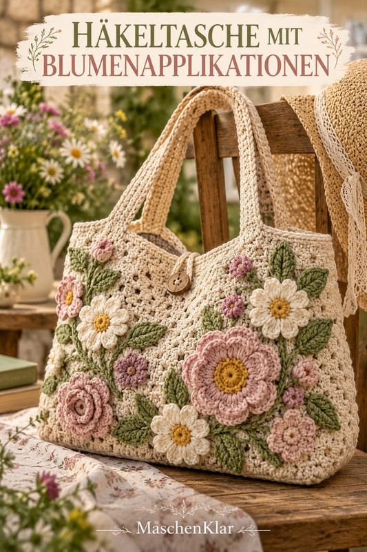Häkeltasche mit Blumenapplikationen