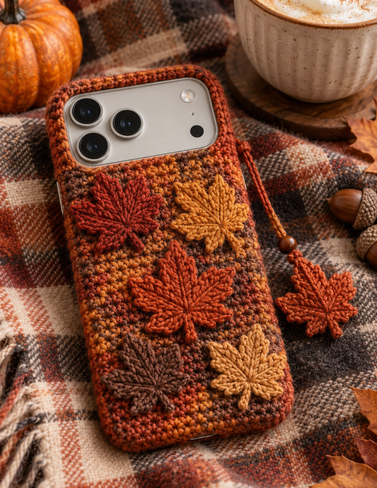 KI-Konzept einer gehäkelten Handyhülle mit dem Motiv Herbstliche Ahornblätter für iPhone 18 Pro Max