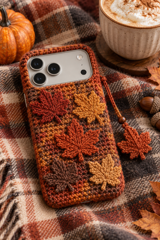 KI-Konzept einer gehäkelten Handyhülle mit dem Motiv Herbstliche Ahornblätter für iPhone 18 Pro Max