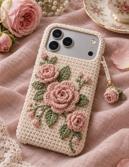 KI-Konzept einer gehäkelten Handyhülle mit dem Motiv Zarte Rosen für iPhone 18 Pro