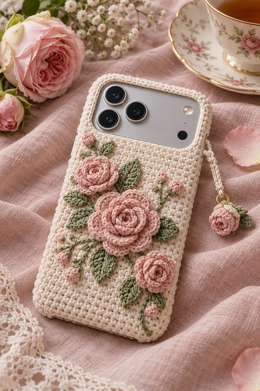 KI-Konzept einer gehäkelten Handyhülle mit dem Motiv Zarte Rosen für iPhone 18 Pro