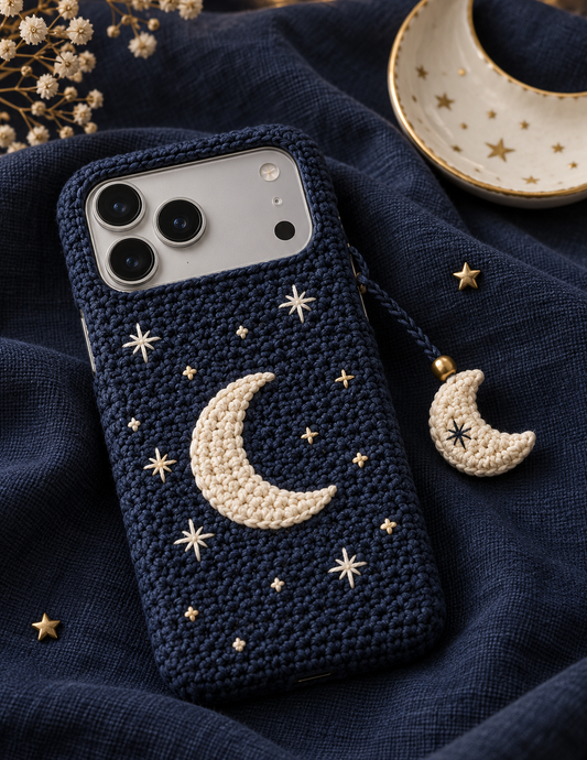 KI-Konzept einer gehäkelten Handyhülle mit dem Motiv Mond und Sterne für iPhone 18 Pro Max