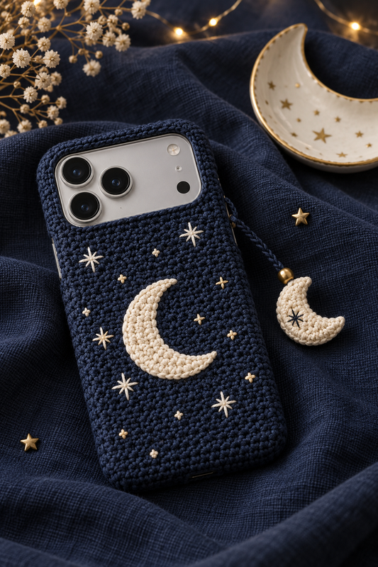 KI-Konzept einer gehäkelten Handyhülle mit dem Motiv Mond und Sterne für iPhone 18 Pro Max