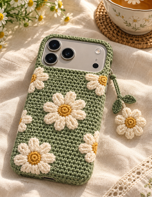 KI-Konzept einer gehäkelten Handyhülle mit dem Motiv Retro-Gänseblümchen für iPhone 18 Pro