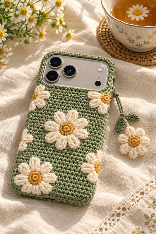 KI-Konzept einer gehäkelten Handyhülle mit dem Motiv Retro-Gänseblümchen für iPhone 18 Pro