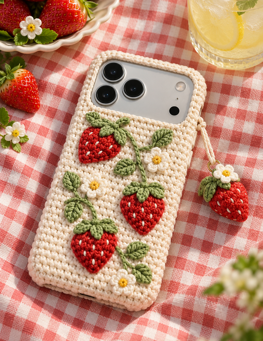 KI-Konzept einer gehäkelten Handyhülle mit dem Motiv Süße Erdbeeren für iPhone 18 Pro Max