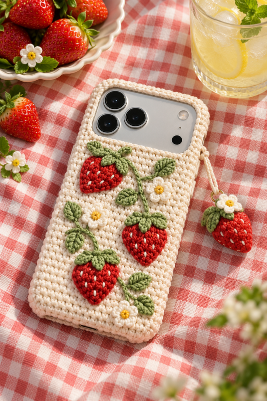KI-Konzept einer gehäkelten Handyhülle mit dem Motiv Süße Erdbeeren für iPhone 18 Pro Max