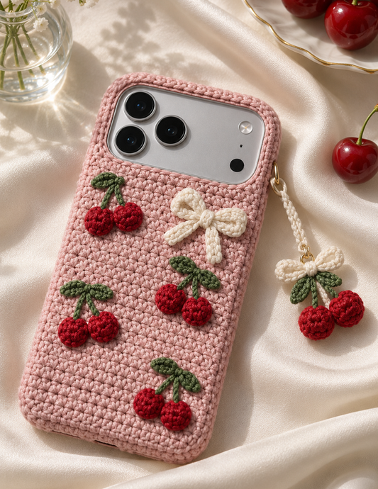 KI-Konzept einer gehäkelten Handyhülle mit dem Motiv Kirschen und Schleife für iPhone 18 Pro