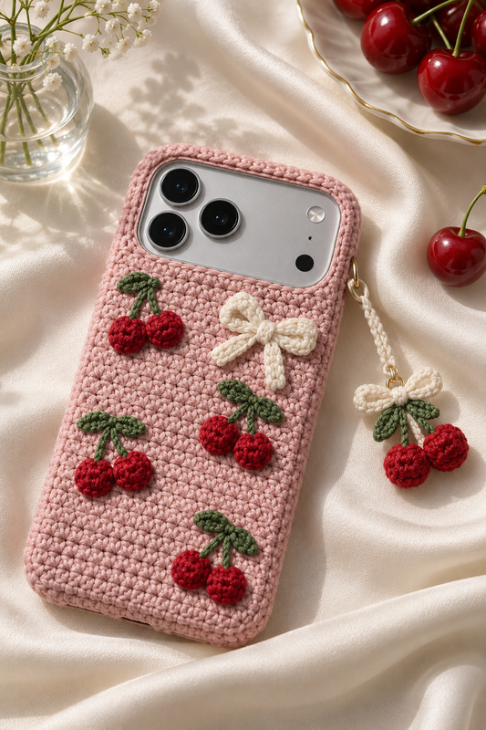 KI-Konzept einer gehäkelten Handyhülle mit dem Motiv Kirschen und Schleife für iPhone 18 Pro