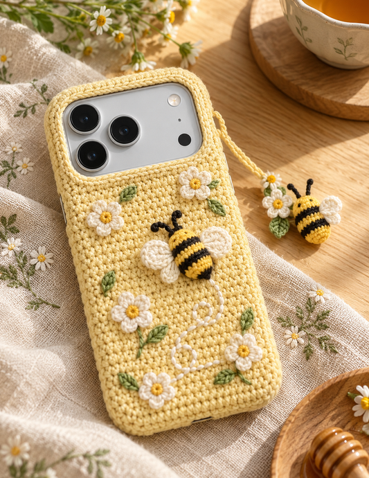 KI-Konzept einer gehäkelten Handyhülle mit dem Motiv Biene und Blüten für iPhone 18 Pro