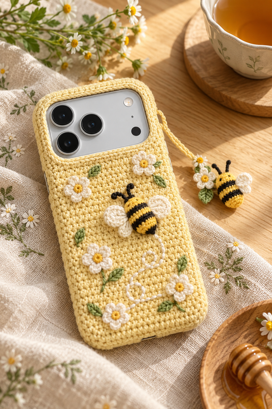 KI-Konzept einer gehäkelten Handyhülle mit dem Motiv Biene und Blüten für iPhone 18 Pro
