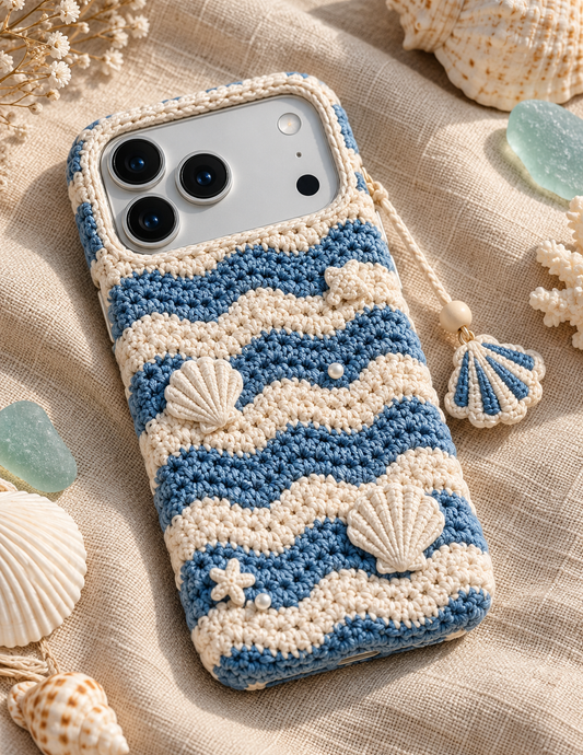 KI-Konzept einer gehäkelten Handyhülle mit dem Motiv Meereswellen für iPhone 18 Pro Max