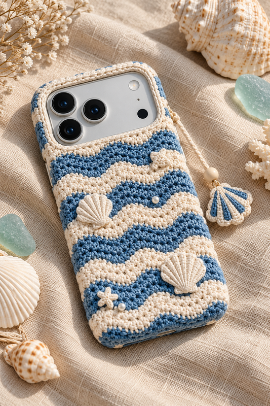 KI-Konzept einer gehäkelten Handyhülle mit dem Motiv Meereswellen für iPhone 18 Pro Max