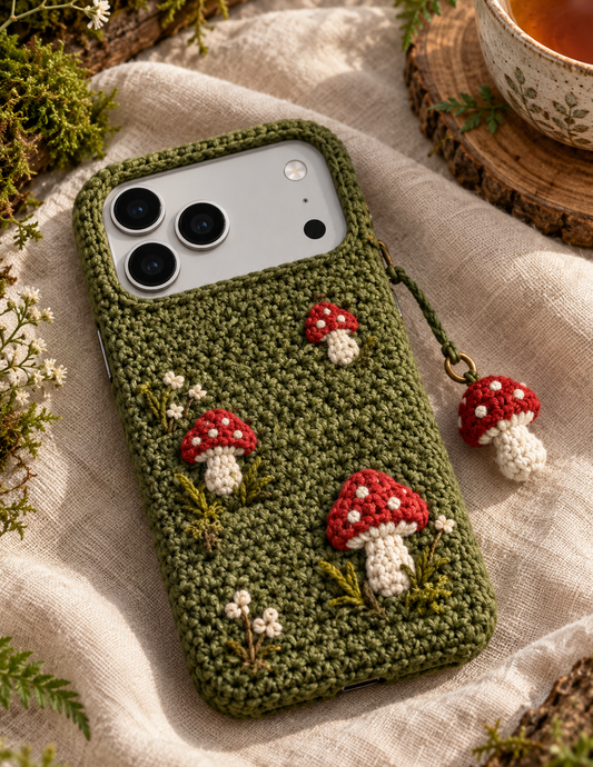 KI-Konzept einer gehäkelten Handyhülle mit dem Motiv Waldpilze für iPhone 18 Pro