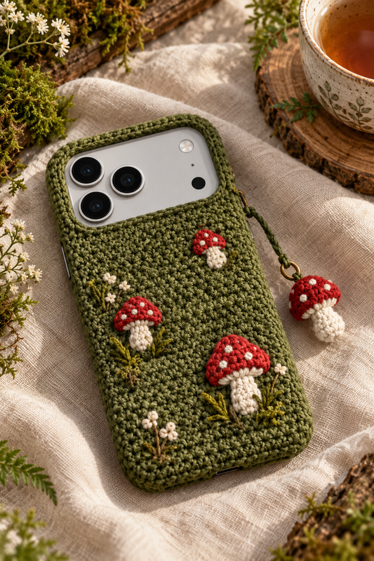 KI-Konzept einer gehäkelten Handyhülle mit dem Motiv Waldpilze für iPhone 18 Pro