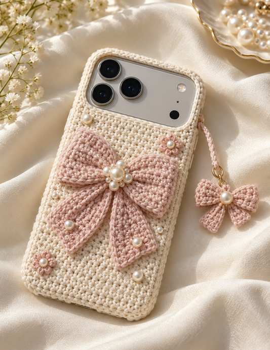 KI-Konzept einer gehäkelten Handyhülle mit dem Motiv Schleife mit Perlendetails für iPhone 18 Pro Max