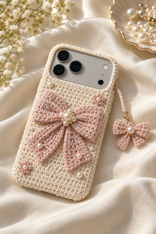 KI-Konzept einer gehäkelten Handyhülle mit dem Motiv Schleife mit Perlendetails für iPhone 18 Pro Max