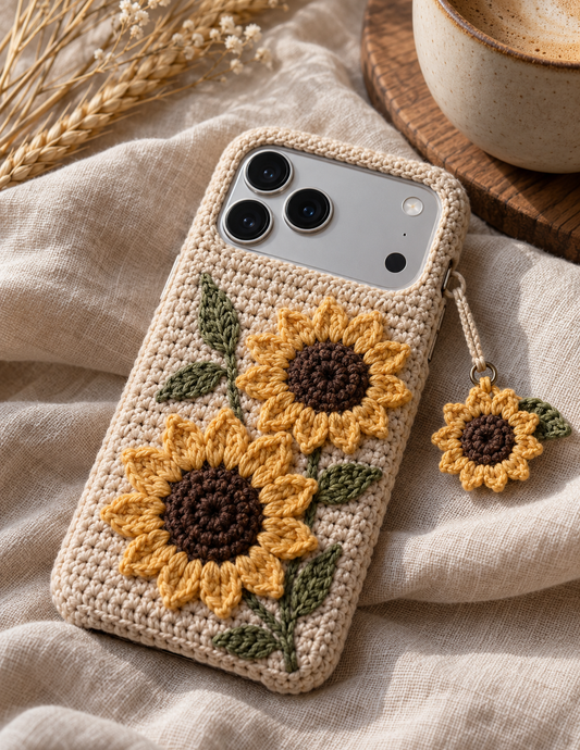 KI-Konzept einer gehäkelten Handyhülle mit dem Motiv Sonnenblumen für iPhone 18 Pro