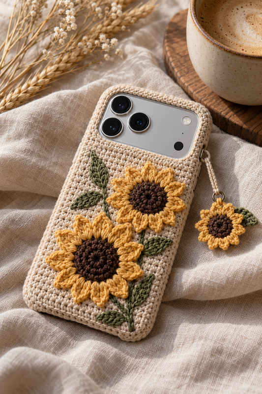 KI-Konzept einer gehäkelten Handyhülle mit dem Motiv Sonnenblumen für iPhone 18 Pro