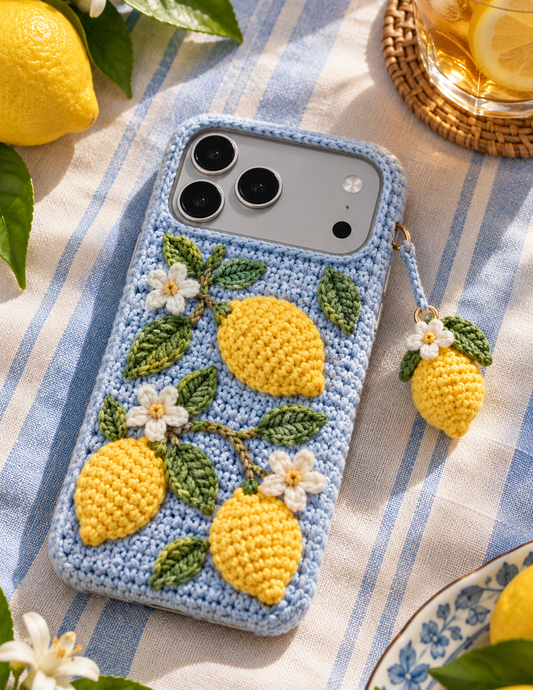 KI-Konzept einer gehäkelten Handyhülle mit dem Motiv Zitronen und Blüten für iPhone 18 Pro Max