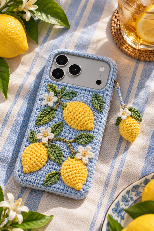 KI-Konzept einer gehäkelten Handyhülle mit dem Motiv Zitronen und Blüten für iPhone 18 Pro Max