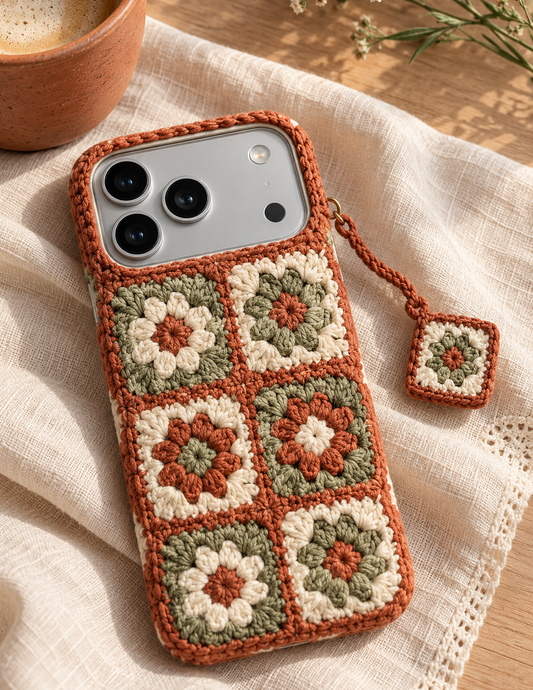 KI-Konzept einer gehäkelten Handyhülle mit dem Motiv Granny Squares in Terrakotta für iPhone 18 Pro