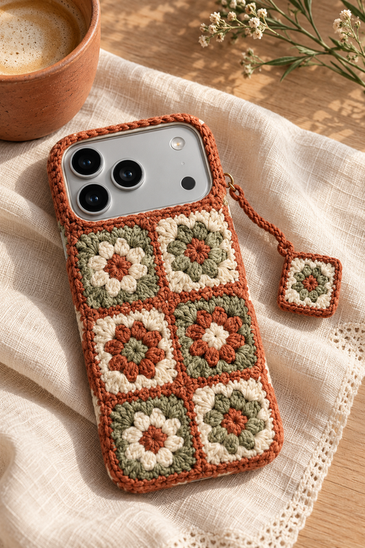 KI-Konzept einer gehäkelten Handyhülle mit dem Motiv Granny Squares in Terrakotta für iPhone 18 Pro