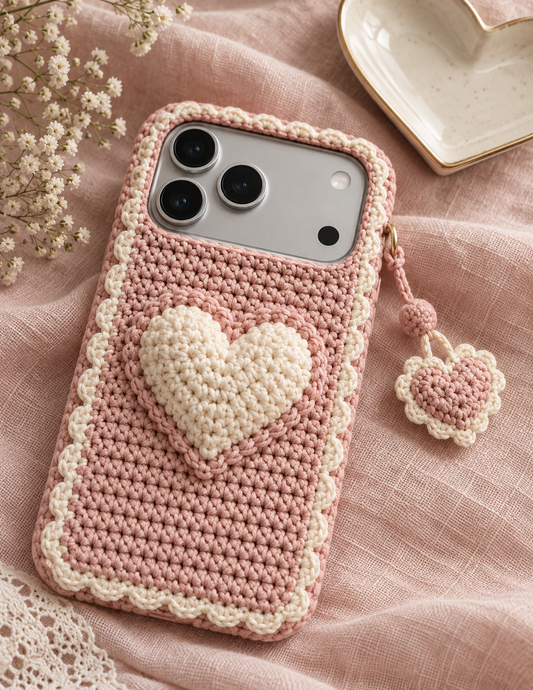 KI-Konzept einer gehäkelten Handyhülle mit dem Motiv Rosa Herzmotiv für iPhone 18 Pro Max