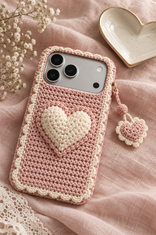KI-Konzept einer gehäkelten Handyhülle mit dem Motiv Rosa Herzmotiv für iPhone 18 Pro Max