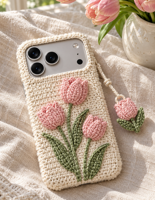 KI-Konzept einer gehäkelten Handyhülle mit dem Motiv Tulpenwiese für iPhone 18 Pro