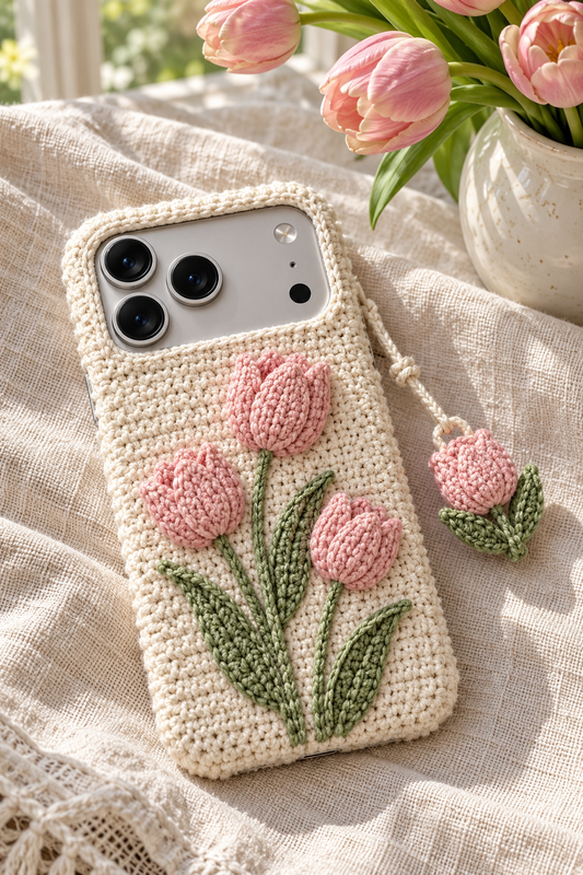 KI-Konzept einer gehäkelten Handyhülle mit dem Motiv Tulpenwiese für iPhone 18 Pro