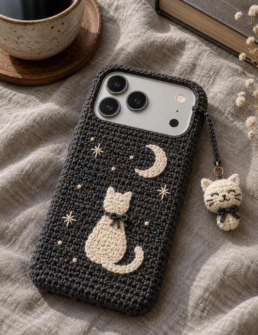 KI-Konzept einer gehäkelten Handyhülle mit dem Motiv Schwarze Katze für iPhone 18 Pro Max