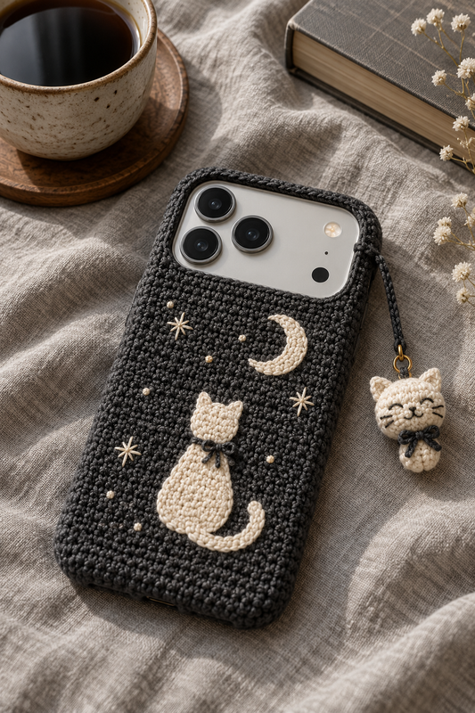 KI-Konzept einer gehäkelten Handyhülle mit dem Motiv Schwarze Katze für iPhone 18 Pro Max
