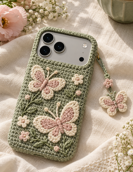 KI-Konzept einer gehäkelten Handyhülle mit dem Motiv Schmetterling im Landhausstil für iPhone 18 Pro