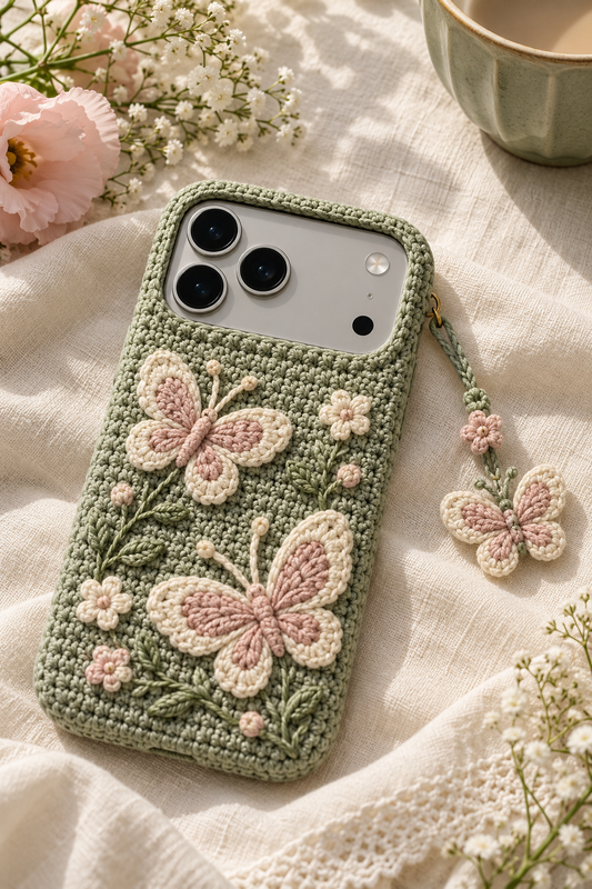 KI-Konzept einer gehäkelten Handyhülle mit dem Motiv Schmetterling im Landhausstil für iPhone 18 Pro
