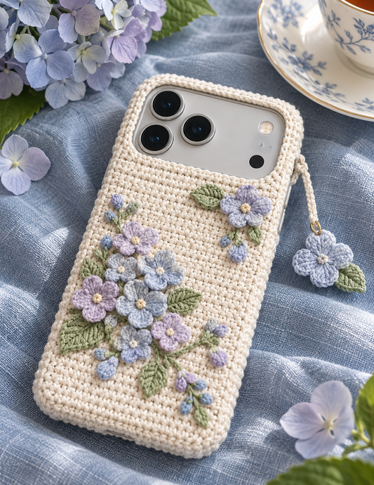 KI-Konzept einer gehäkelten Handyhülle mit dem Motiv Blaue Hortensien für iPhone 18 Pro Max
