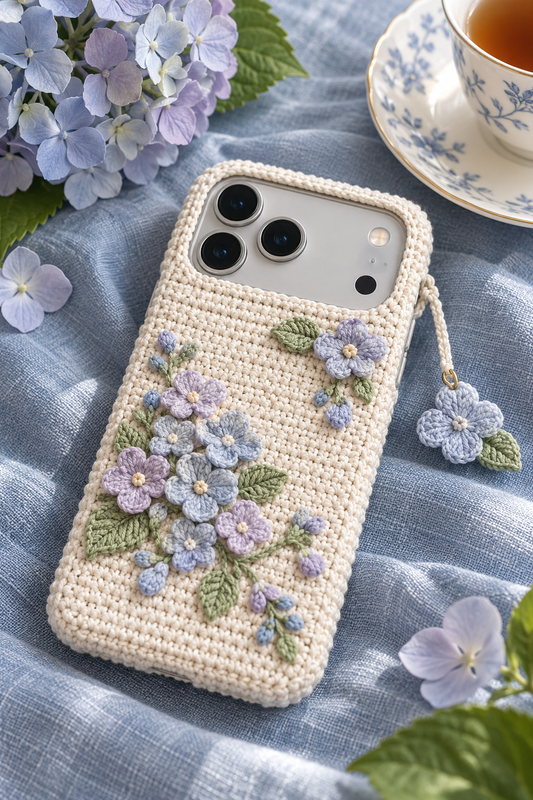 KI-Konzept einer gehäkelten Handyhülle mit dem Motiv Blaue Hortensien für iPhone 18 Pro Max