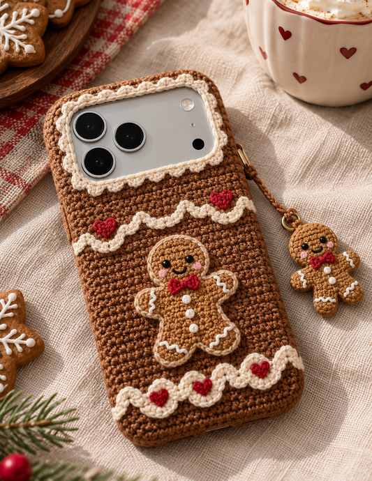 KI-Konzept einer gehäkelten Handyhülle mit dem Motiv Lebkuchenhaus für iPhone 18 Pro Max