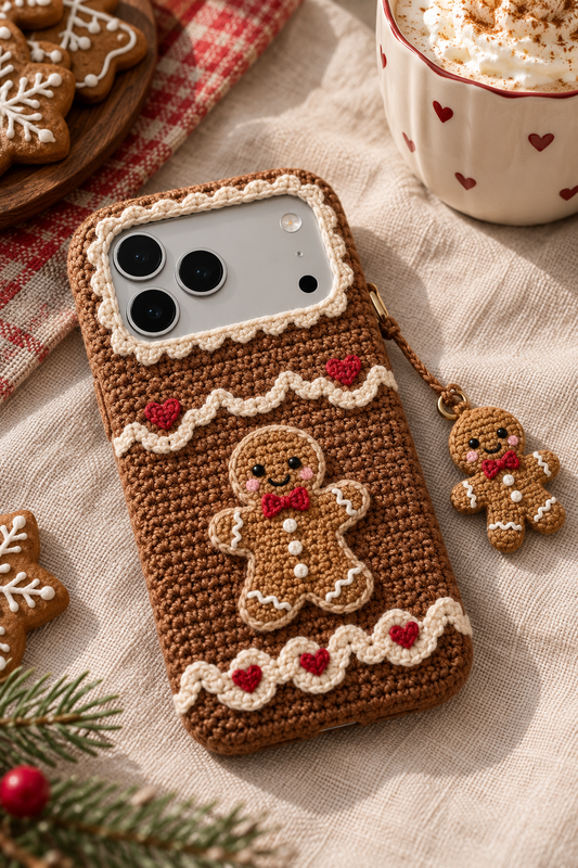 KI-Konzept einer gehäkelten Handyhülle mit dem Motiv Lebkuchenhaus für iPhone 18 Pro Max