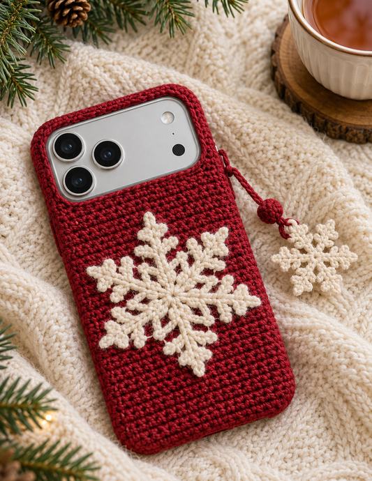 KI-Konzept einer gehäkelten Handyhülle mit dem Motiv Nordische Schneeflocke für iPhone 18 Pro