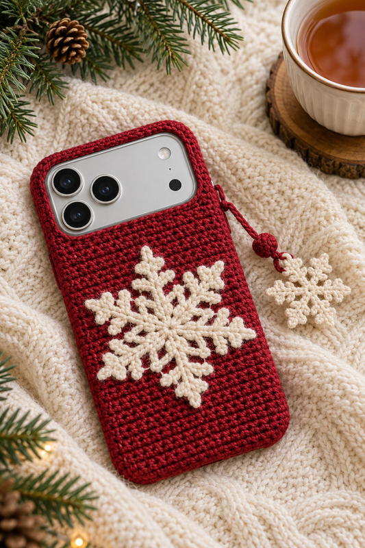 KI-Konzept einer gehäkelten Handyhülle mit dem Motiv Nordische Schneeflocke für iPhone 18 Pro